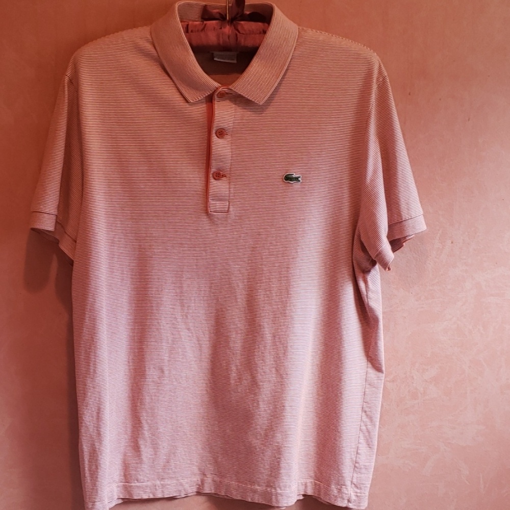 Men's LACOSTE Golf shirt coral/ cream strips